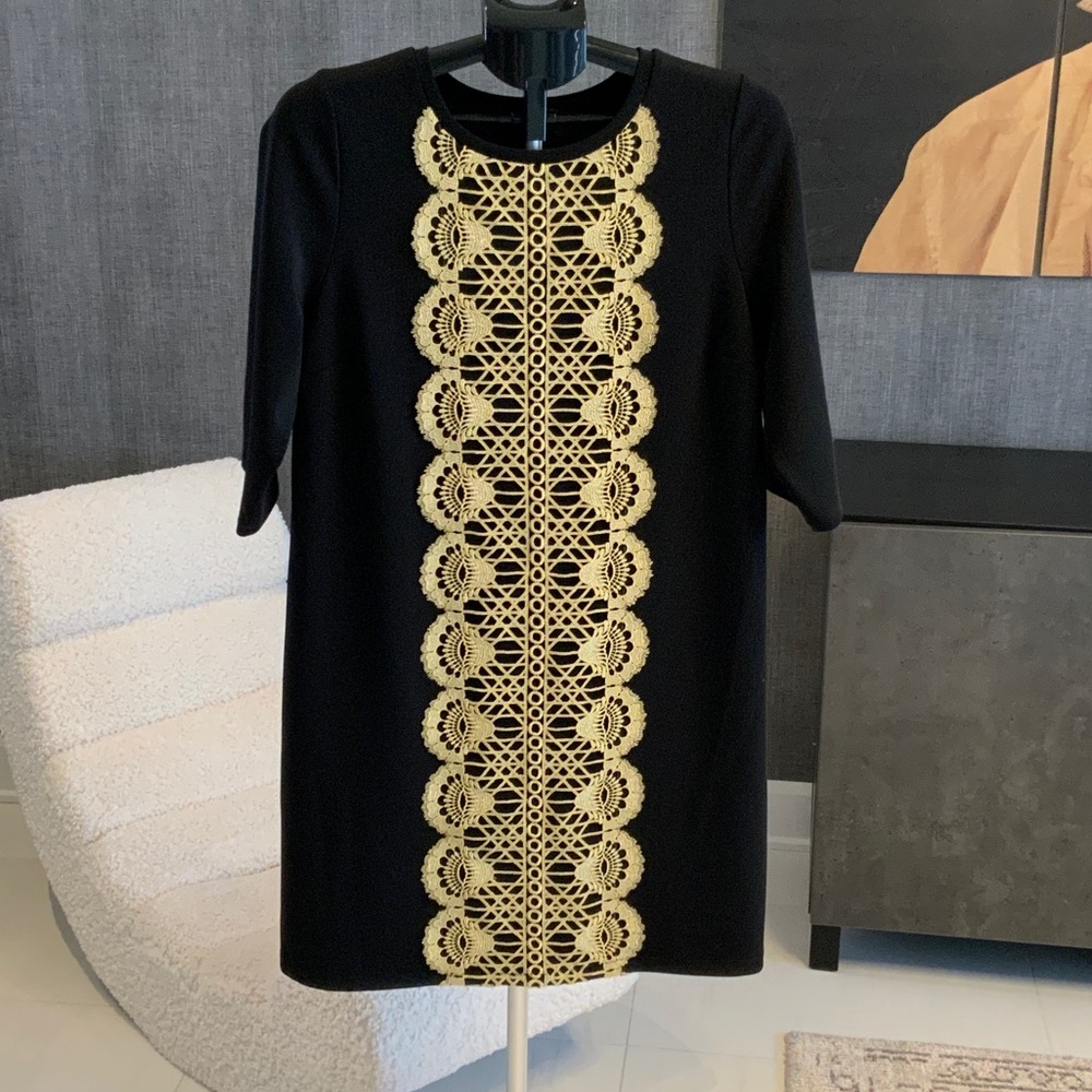 Nadya Toto Black Dress with Gold Lace Accents L